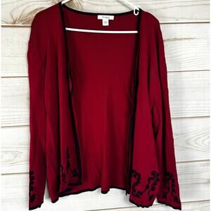 Dressbarn Red with Black Floral Embroidered Detail Cardigan Sweater Size 22/24